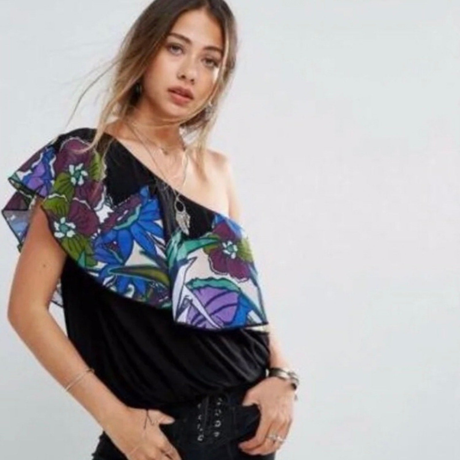 Free People Annka One-Shoulder Floral Top Retail Small Jersey Knit Black Free People