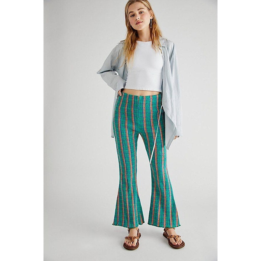 New Free People Fine Line High Rise Slim Flare Pants $78 Small Green Stretchy