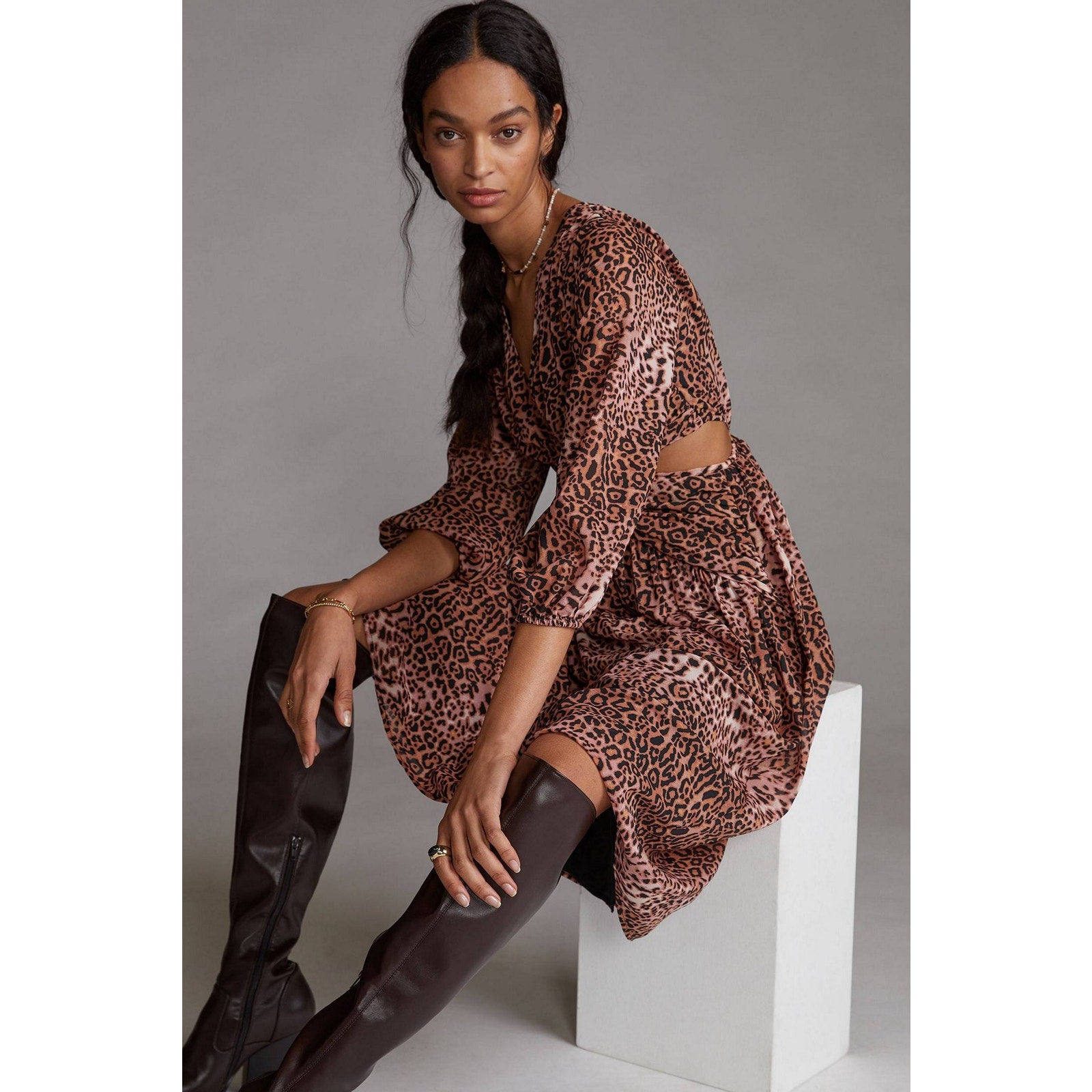 New Anthropologie Ranna Gill Leopard Cut-Out Midi Dress $190 MEDIUM Black Motif