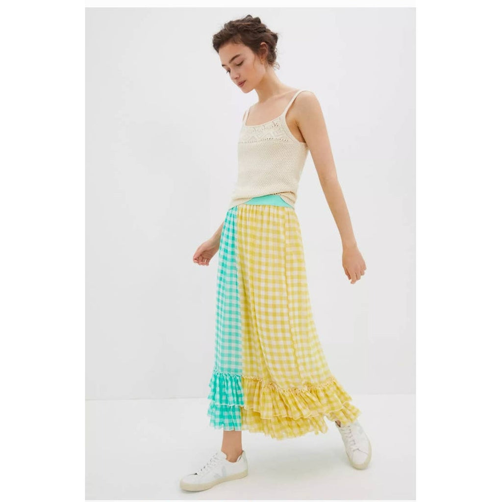 New Anthropologie Eva Franco Lynsey Gingham Maxi Skirt $168  SMALL  Yellow & Green