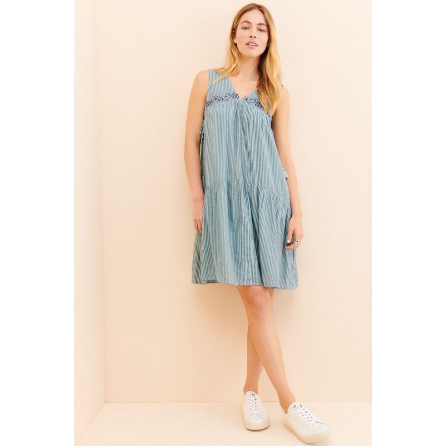 New Anthropologie Aida Floral Embroidered Mini Dress $148 SMALL Blue Striped