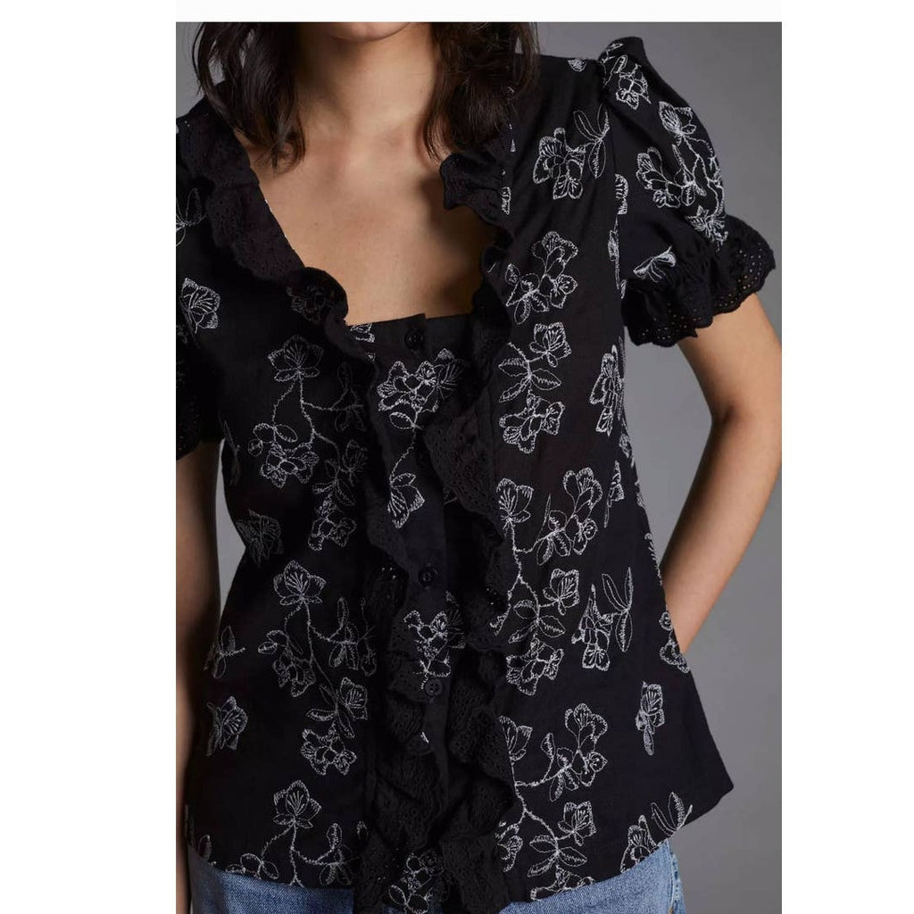 New Anthropologie ESPECIA Floral Embroidered Ruffle Blouse $190 SMALL B&W