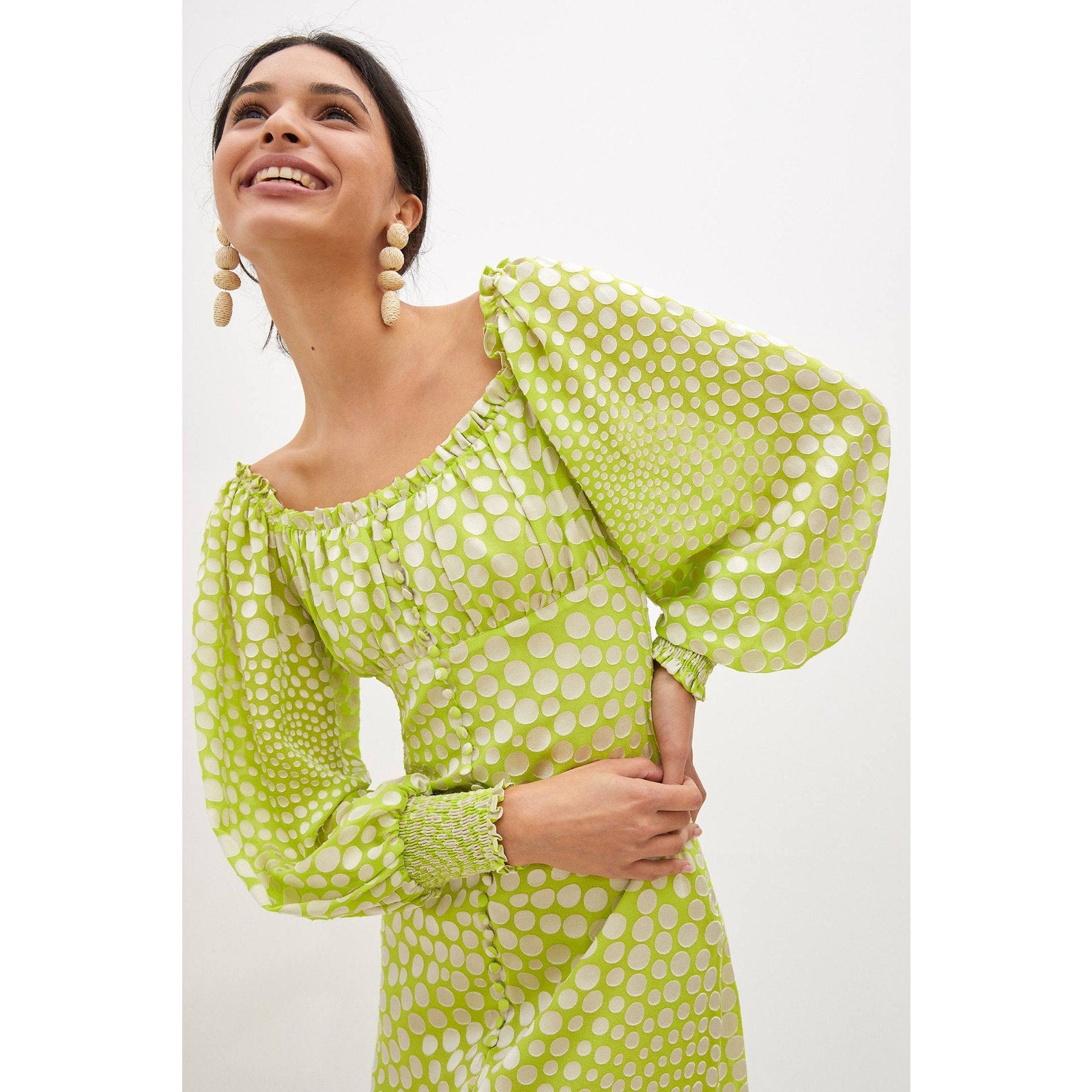 New Anthropologie EXQUISE Meryl Long Sleeve Midi Dress $218 MEDIUM Light Green