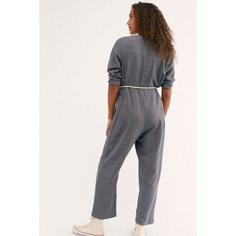 New Free People x Rachel Pally Troy Linen Jumpsuit $255 SMALL Gray Long Sleeve