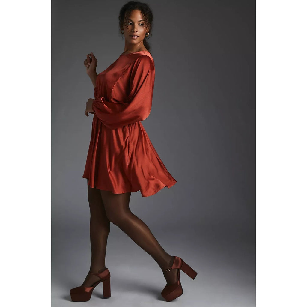 New Anthropologie Caballero Long-Sleeve Mini Dress $180 X-SMALL Red Motif