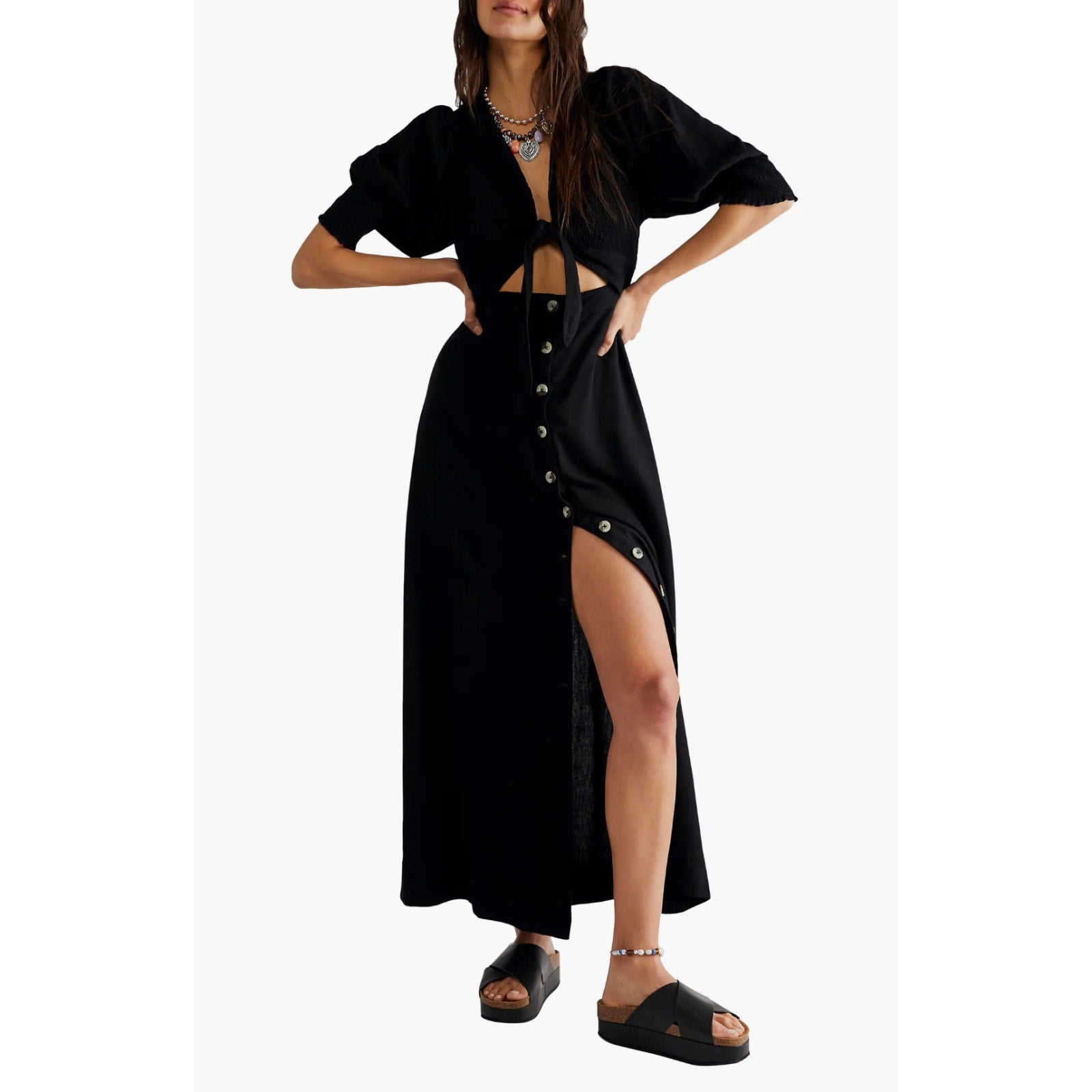 New Free People FP String Of Hearts Maxi Dress $168 XS Black Tie Button Front
