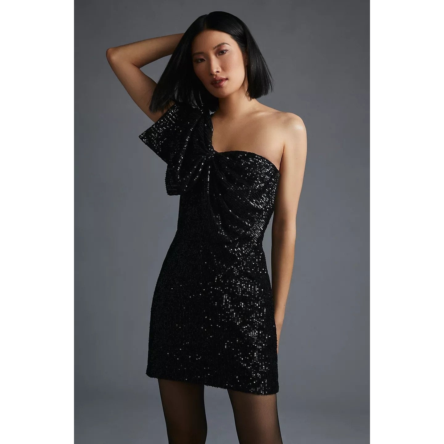 Anthropologie Let Me Be One-Shoulder Mini Dress SEQUINED $180 X-SMALL Black
