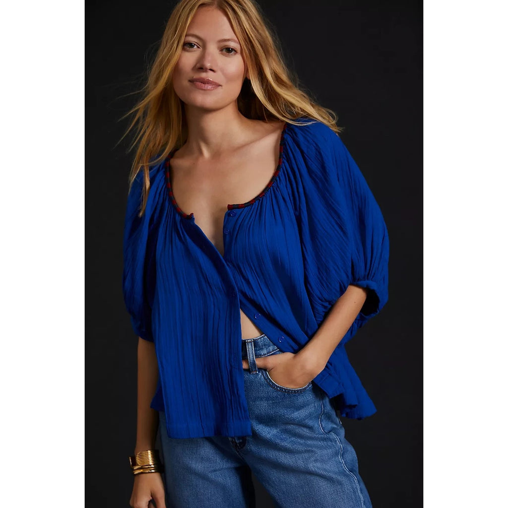 Anthropologie Sundry Embroidered Blouse SMALL (1) Klein Blue Anthropologie