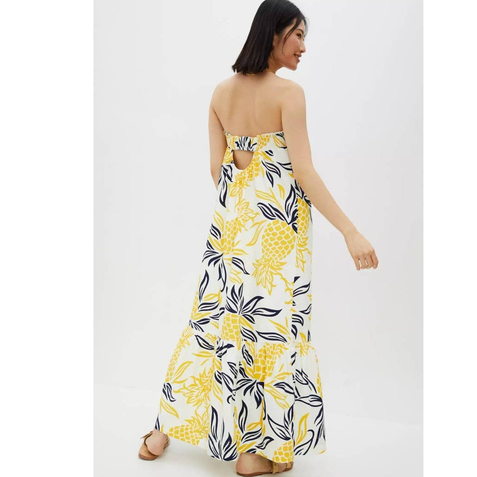 New Anthropologie Floral Flounced Maxi Dress $188 Yellow Pineapple Small