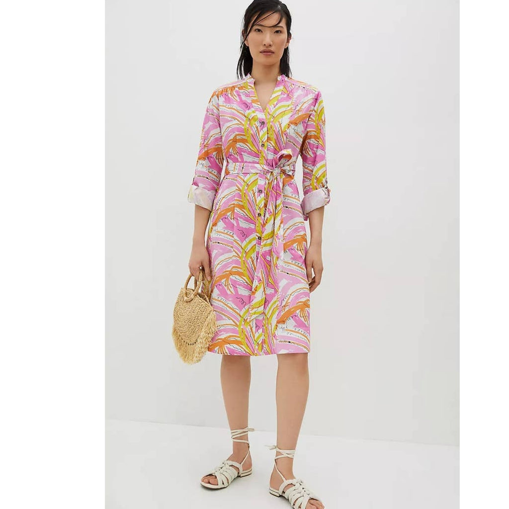New Vera for Anthropologie Confetti Midi Dress $168 SMALL Pink Abstract Belted