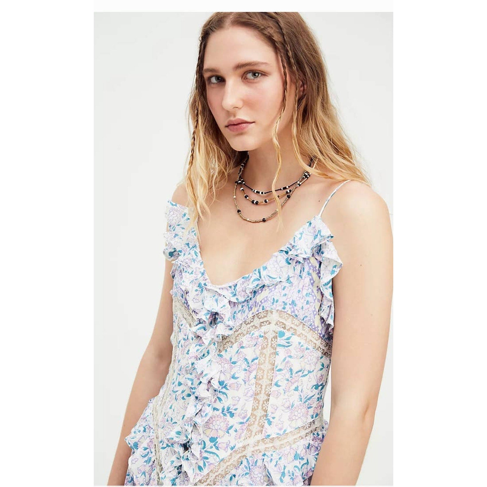 Free People Canyon Moon Maxi Top X-SMALL Boho Floral Lace Ruffled Free People