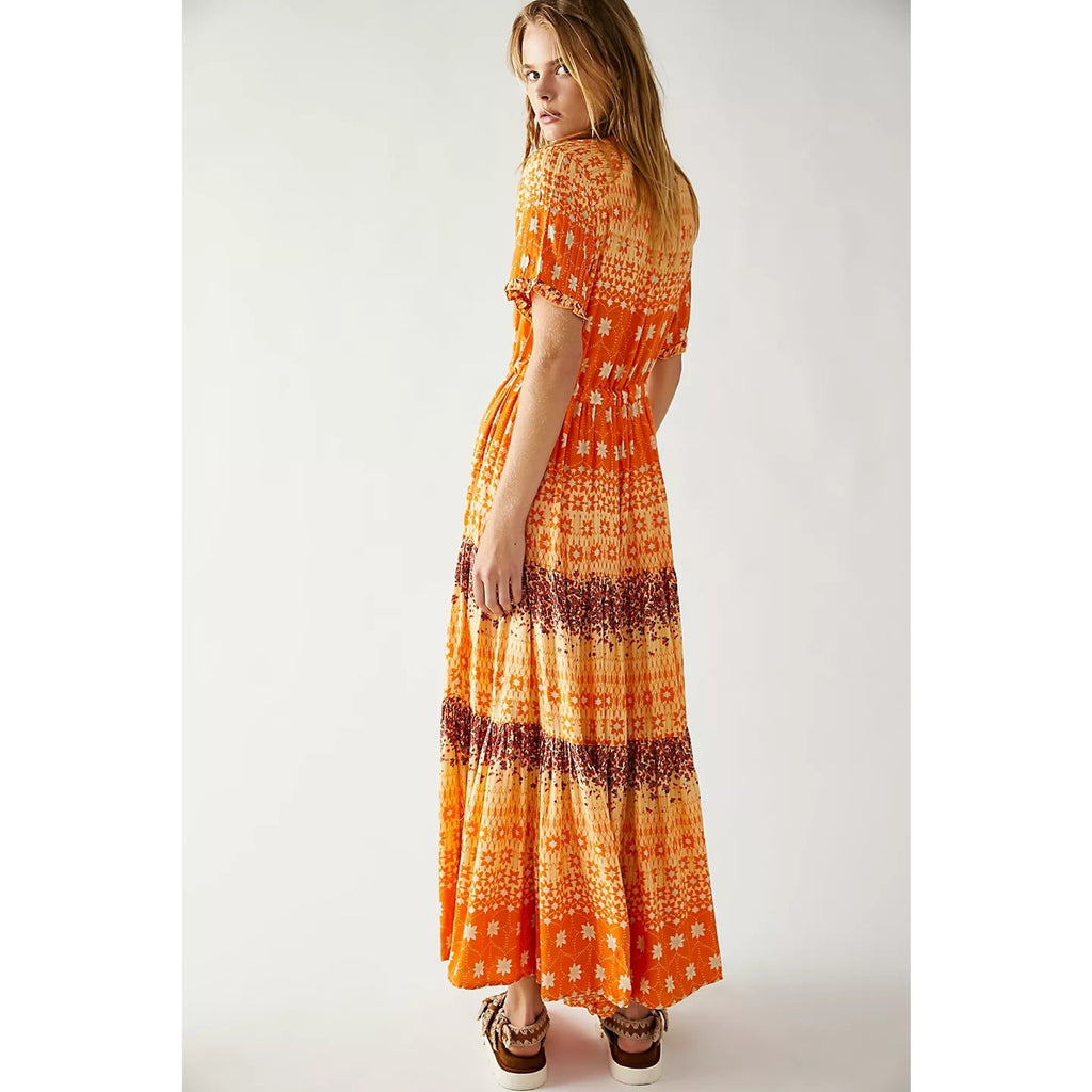 New Free People Rare Feelings Tiered Maxi Dress $148 X-SMALL Orange Boho Floral