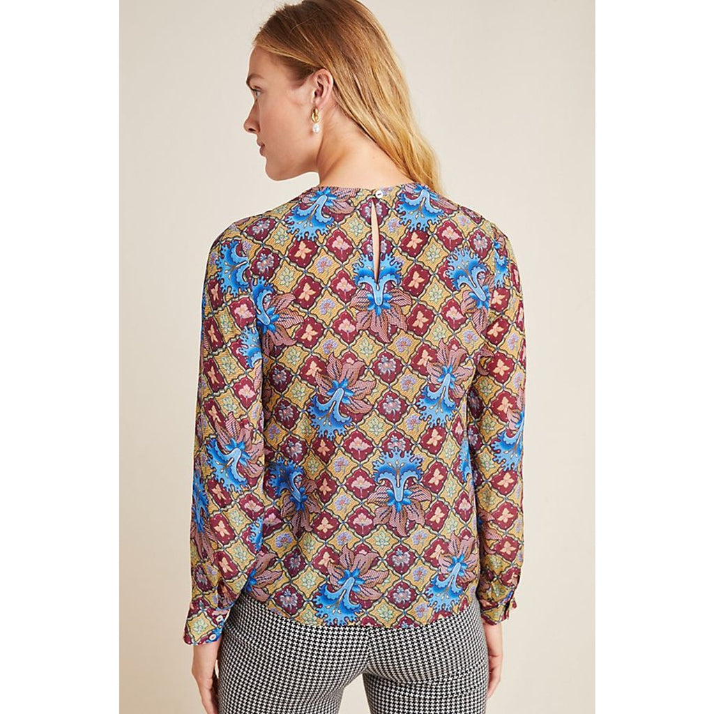 New Anthropologie Selene Geometric Long-Sleeve Blouse by TANVI KEDIA  Sz 2 Geo