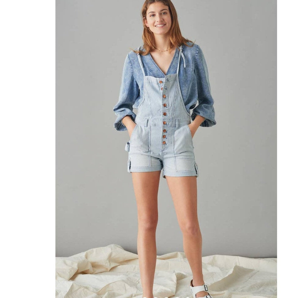 New Anthropologie Pilcro Everyday Short Overalls $128 SIZE 27 Railroad Stripe