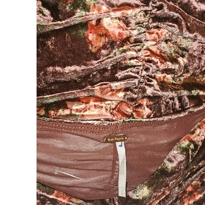 New Free People Reina Off-The-Shoulder Ruched Floral Velvet Top $88 SMALL Wine