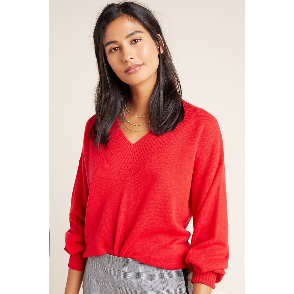New Anthropologie Maisie Striped V-neck Cashmere Sweater by Charli $274 XS Red