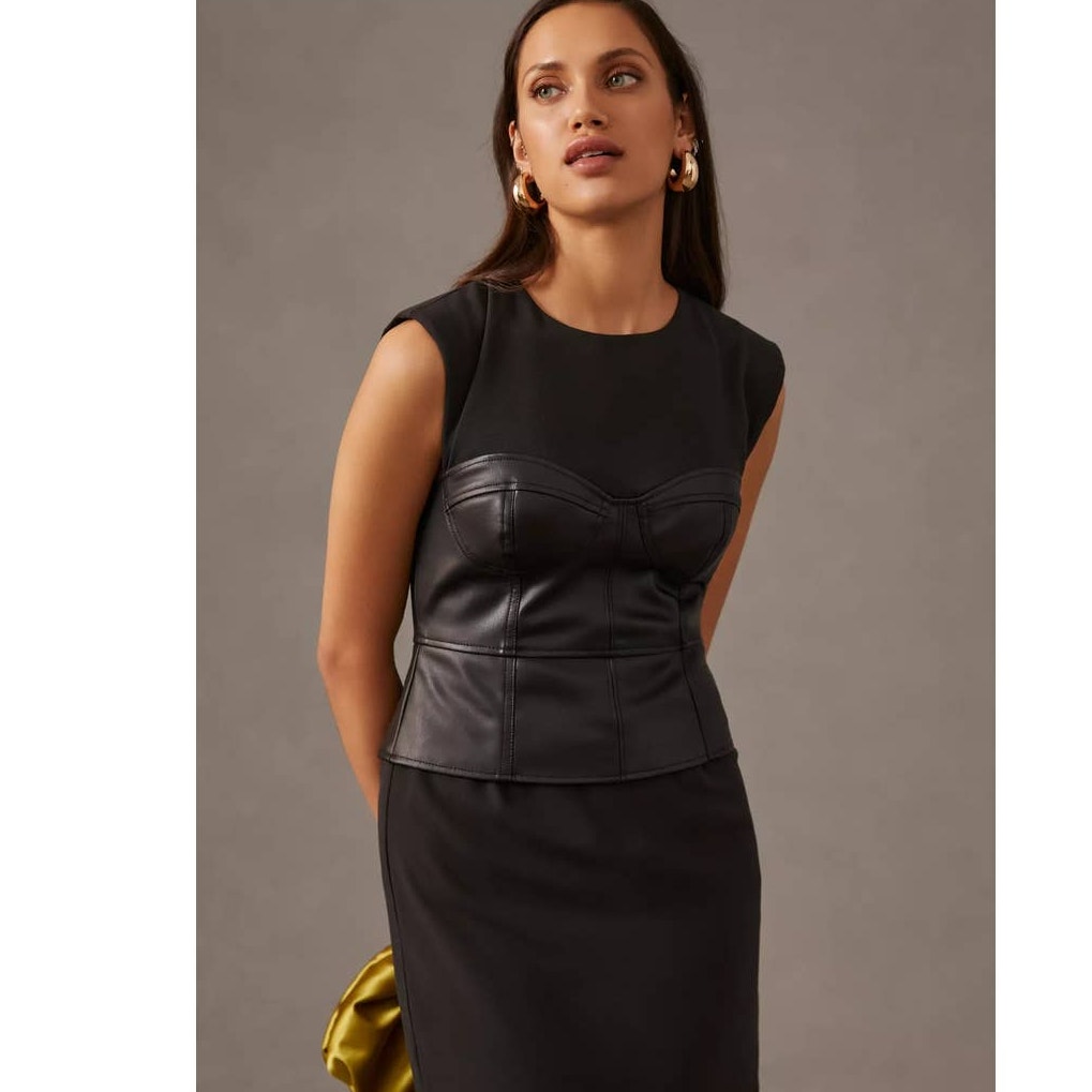 New Anthropologie Maeve Faux Leather Corset Dress $180 SIZE 2 Black