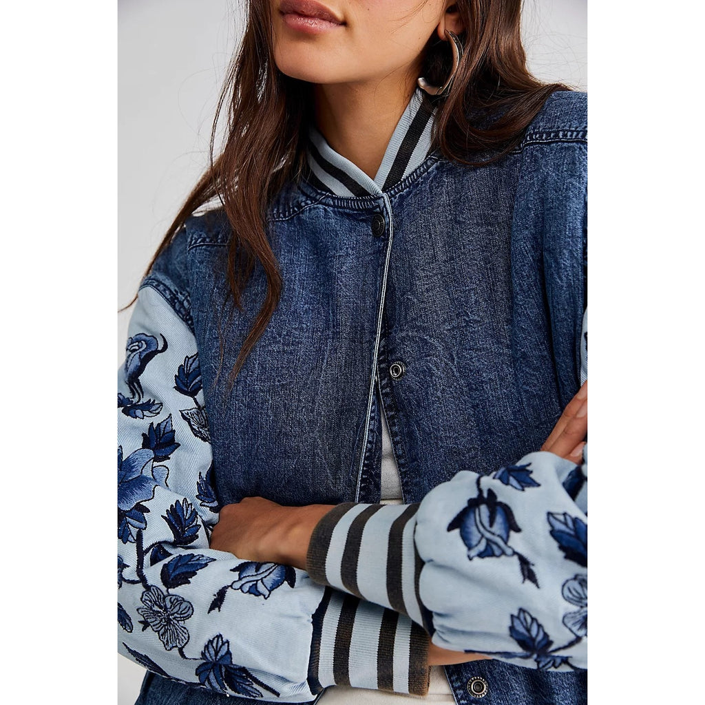 New Free People WTF Team Spirit Jacket $298 SMALL Stone Blue Floral Embroidery