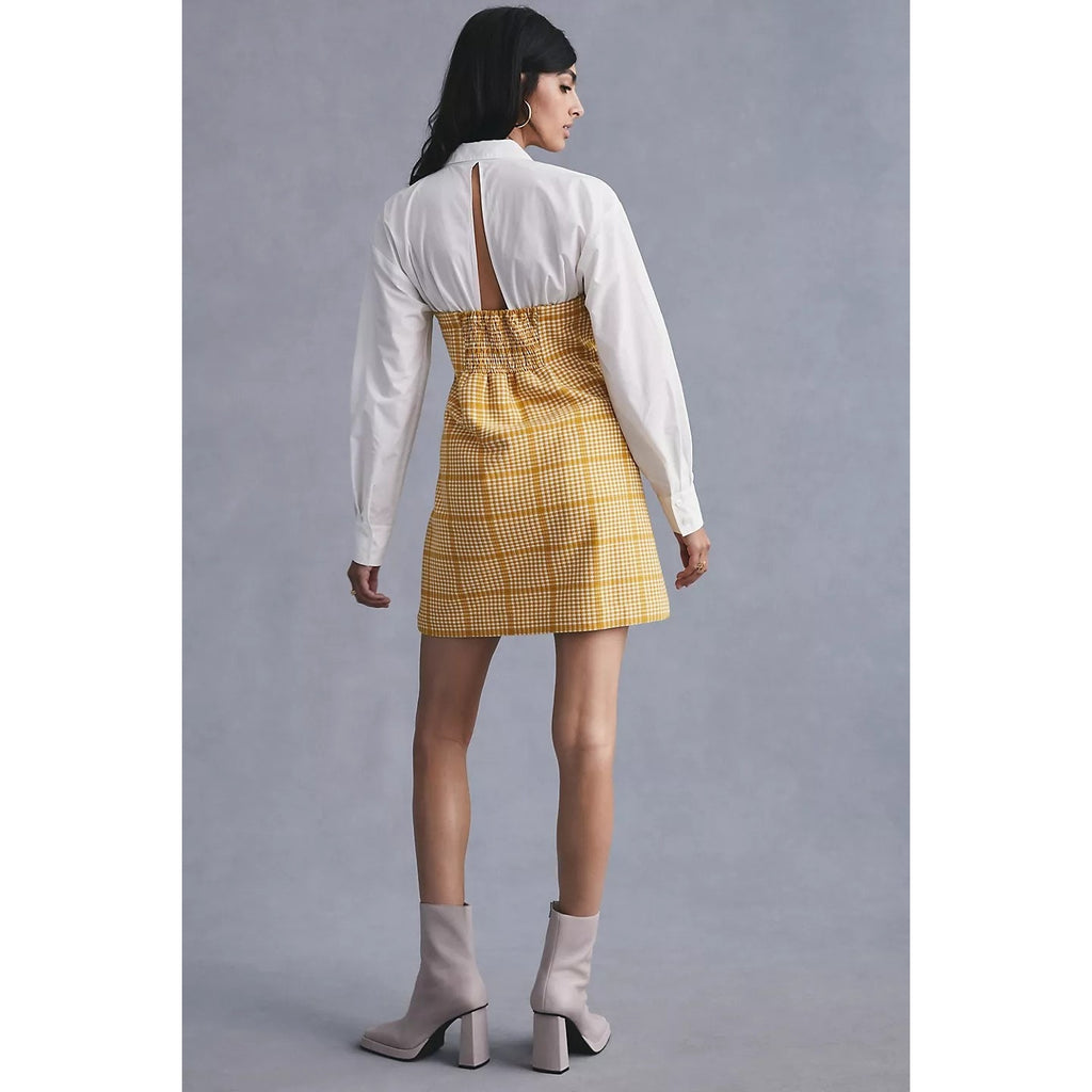 New Anthropologie Maeve Knit Twofer Mini Dress $170 Gold Plaid Size Plus 1X