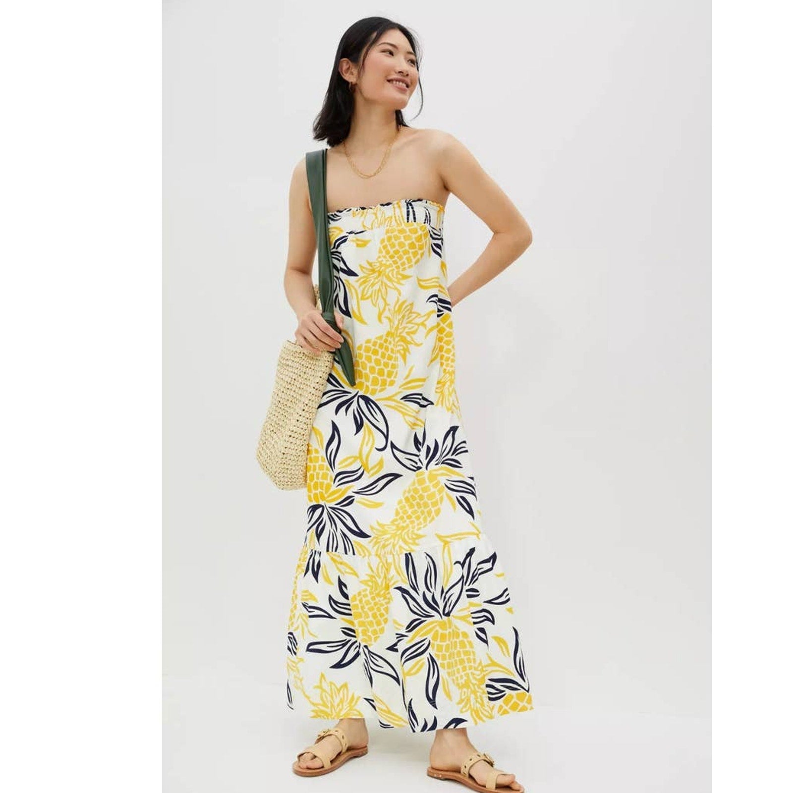 New Anthropologie Floral Flounced Maxi Dress $188 Yellow Pineapple Small