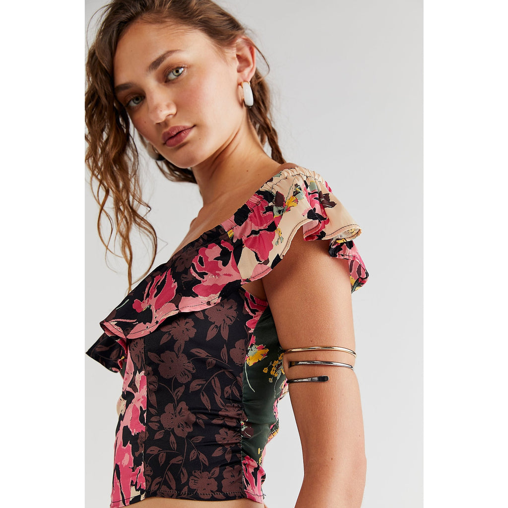 Free People Mimi Off The Shoulder Ruffled Top $118 SMALL Retro Floral Smocked