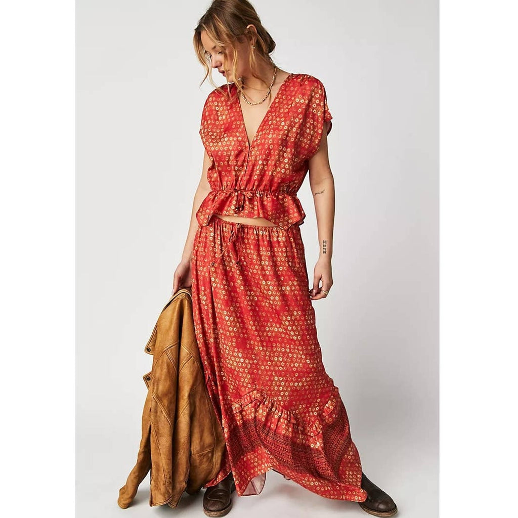 New Free People Dreambound Silky Maxi Skirt Set $168 X-SMALL Red Boho V-neck Top