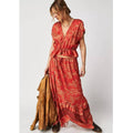 New Free People Dreambound Silky Maxi Skirt Set $168 X-SMALL Red Boho V-neck Top