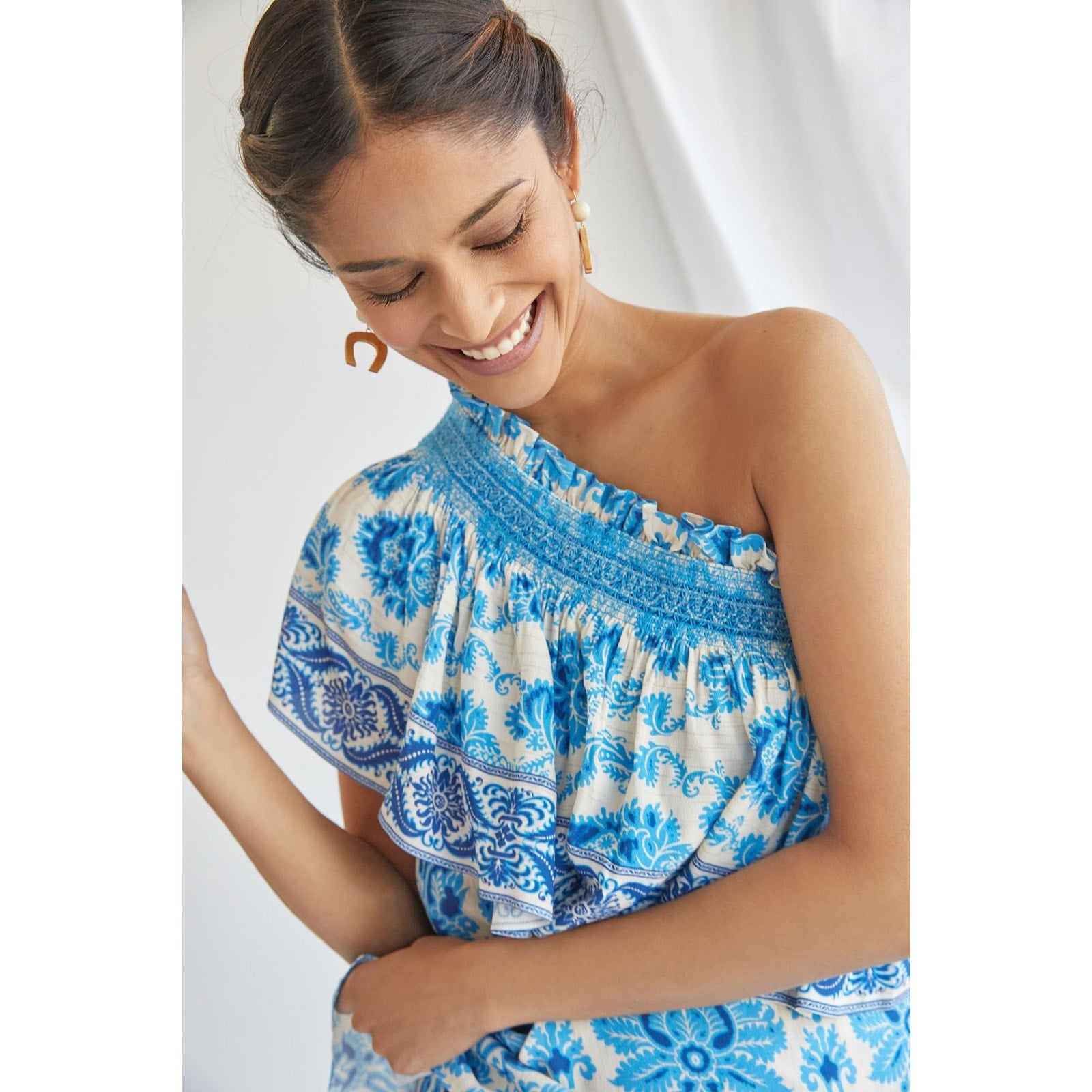 New Anthropologie Plenty by Tracy Reese Ruffled One-Shoulder Blouse $138 PLUS 1X  Blue