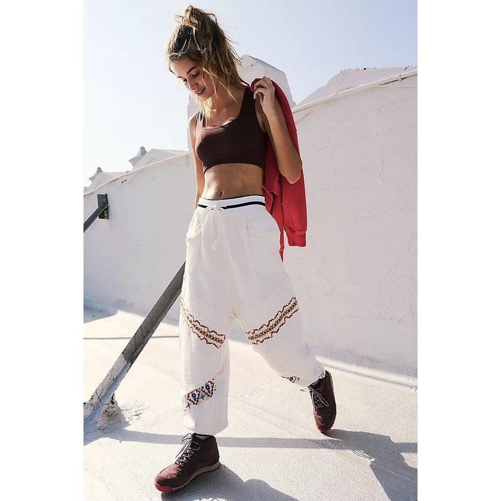 New Free People Crystal Sports Embroidered Harem Jogger Pants $198 LARGE White