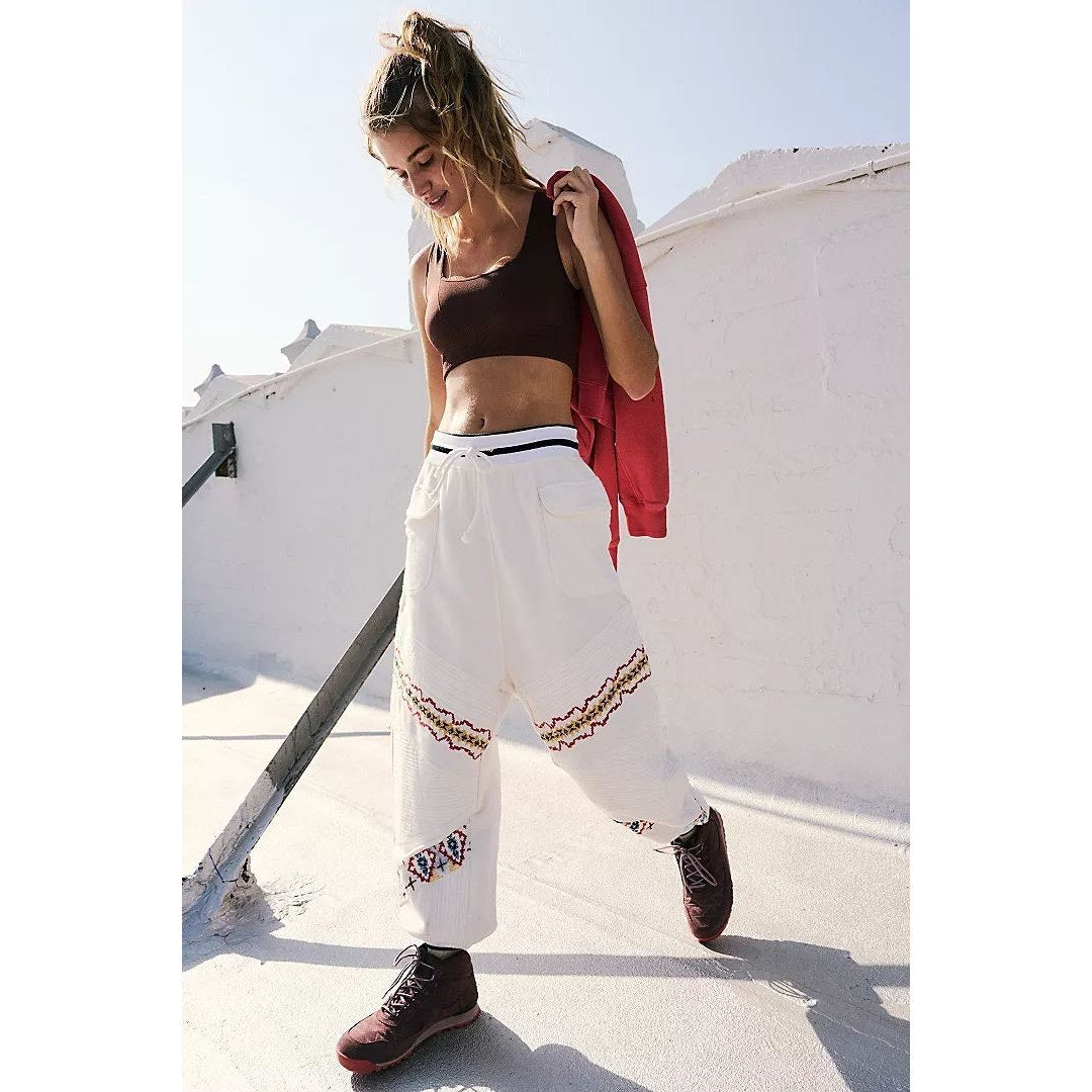New Free People Crystal Sports Embroidered Harem Jogger Pants $198 LARGE White