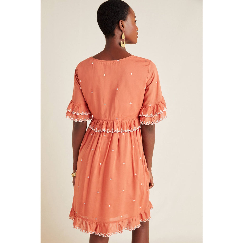 New Anthropologie Samia Ruffled V-neck Tunic Dress $170 SIZE 6 Rose Embroidered