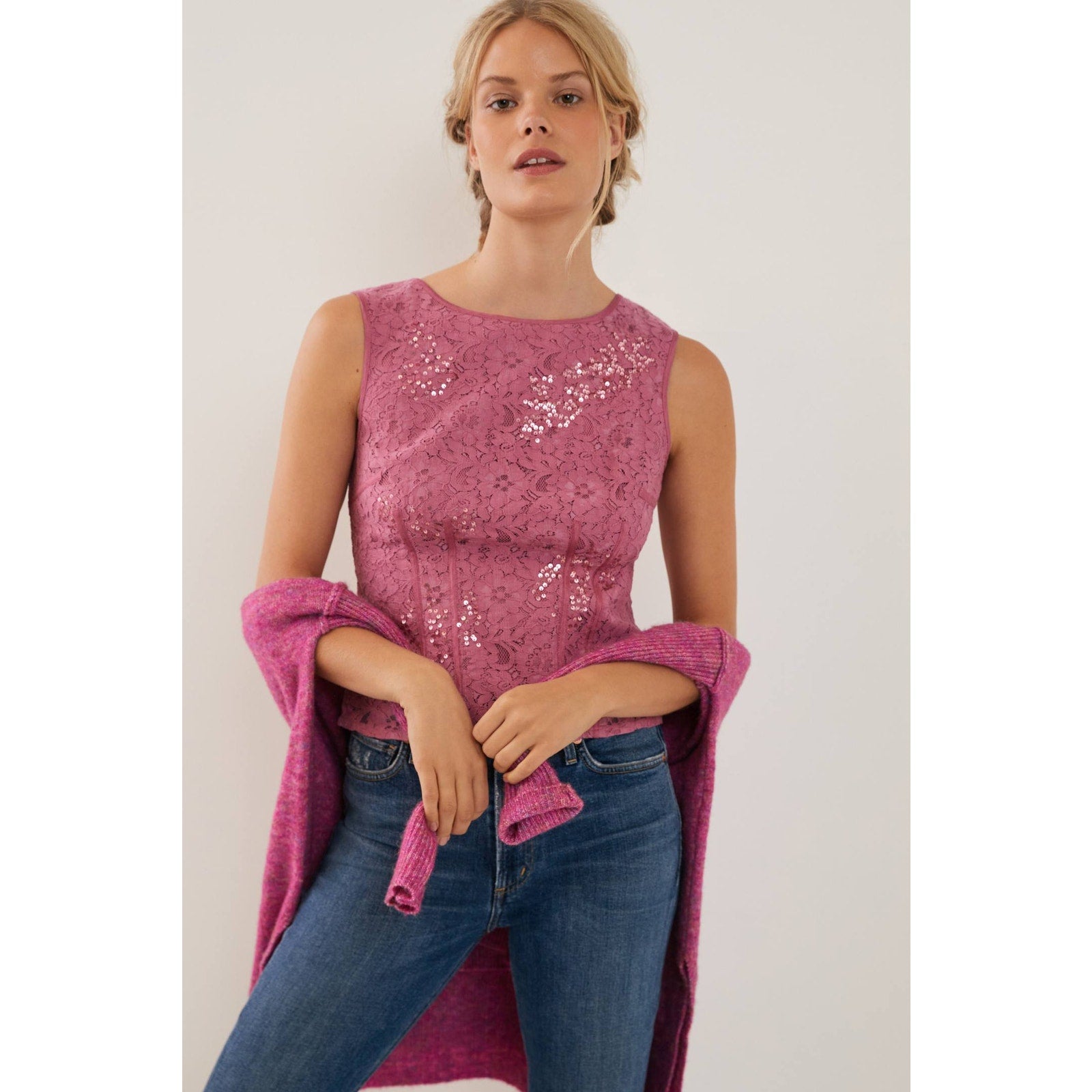 New Anthropologie Soraya Sequined Blouse $118 SIZE 4 Pink Floral Lace