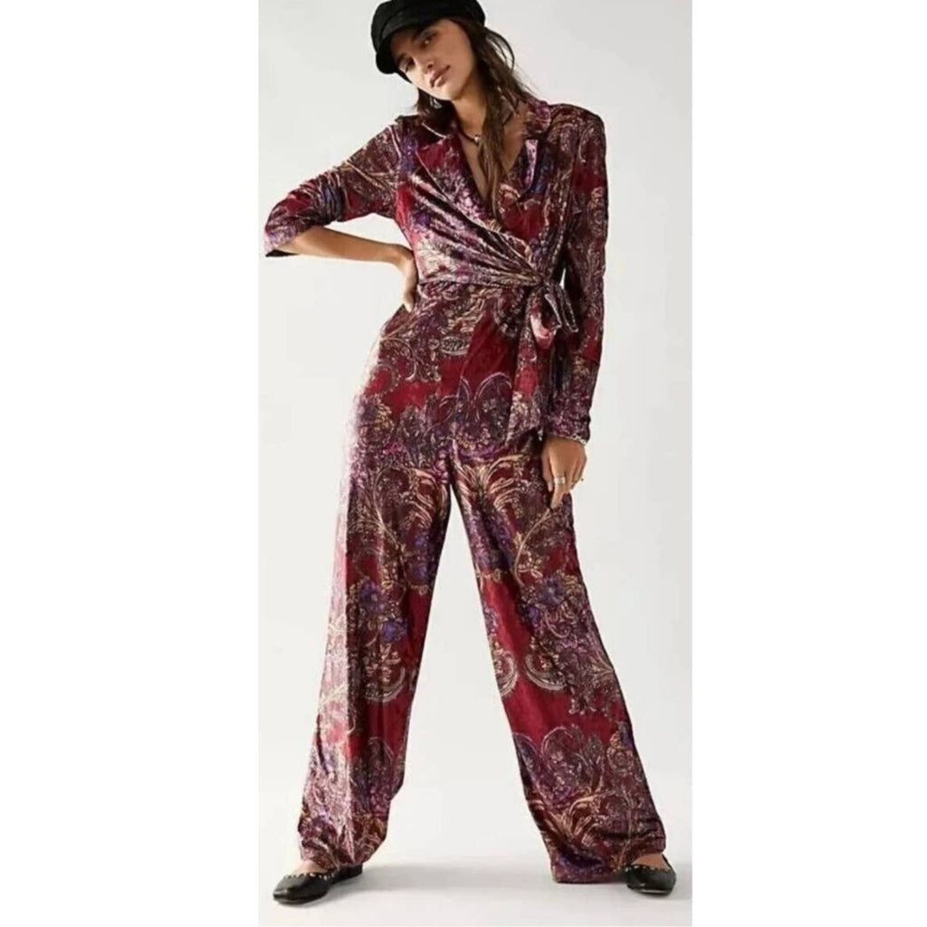New Free People Delphine Velvet Paisley Floral Jumpsuit $178 MEDIUM Wine