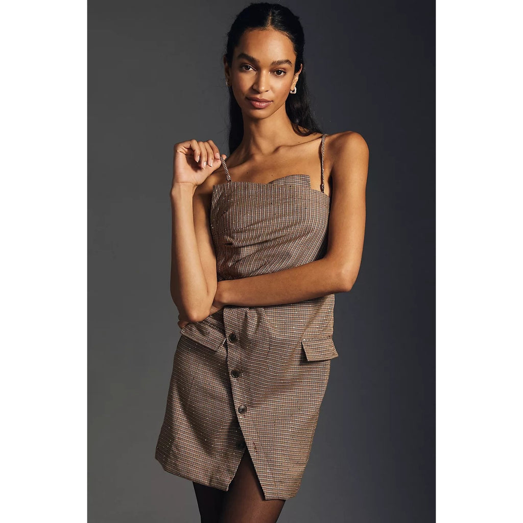 New Anthropologie Maeve Strapless Button-Front Dress $170 SIZE 6 Brown Motif