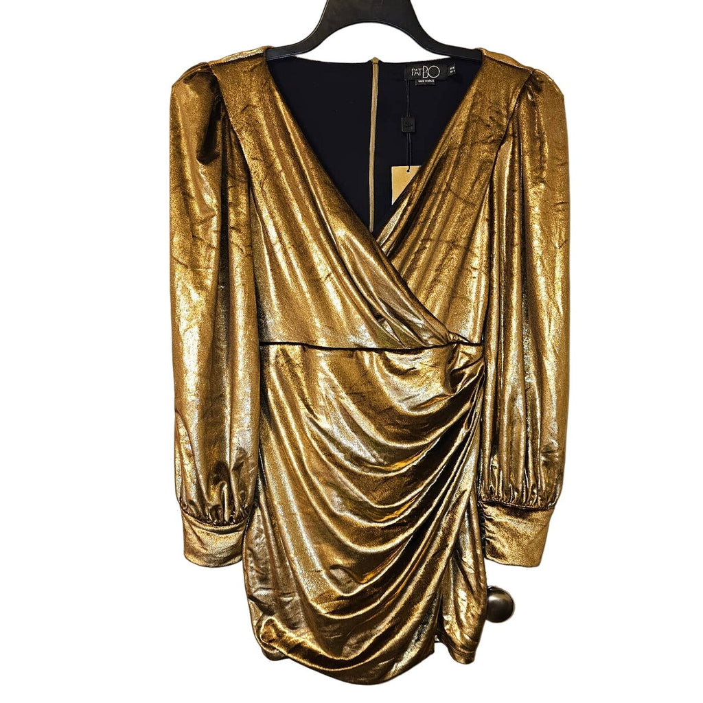 New Free People PatBO Metallic Velvet Mini Dress $650 Sz 8 Gold Wrap Inspired