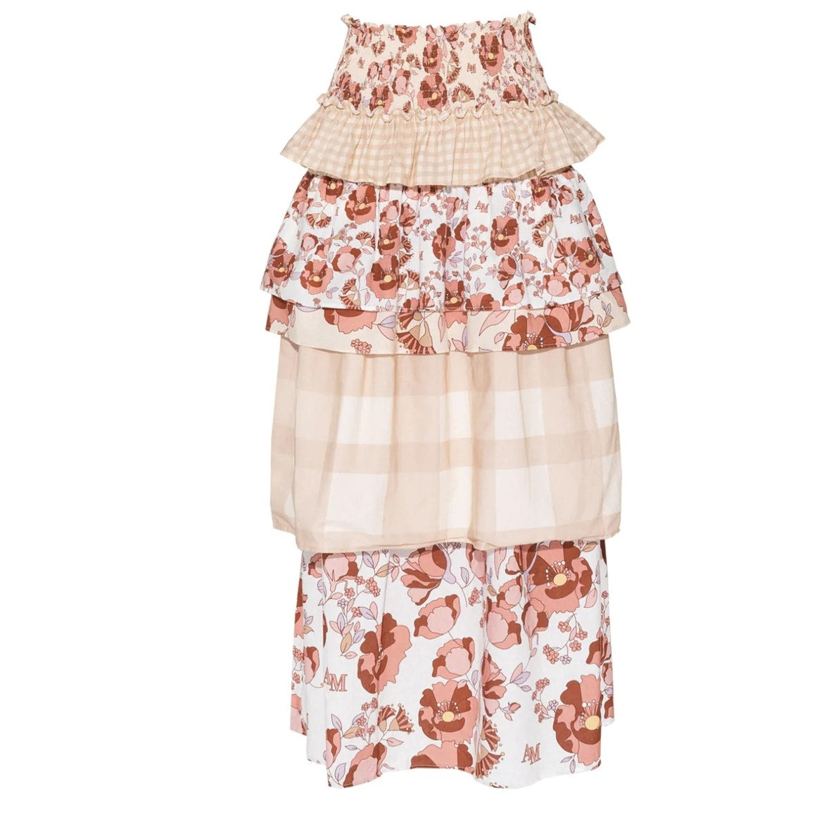 New AMBRA MADDALENA Guinivera Tiered Midi Skirt $200 US 4 Checks & Florals