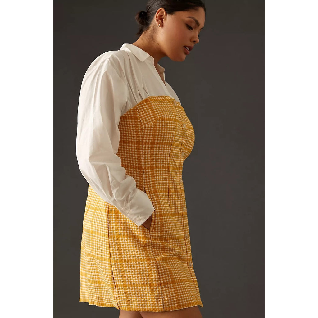 New Anthropologie Maeve Knit Twofer Mini Dress $170 Gold Plaid Size Plus 1X