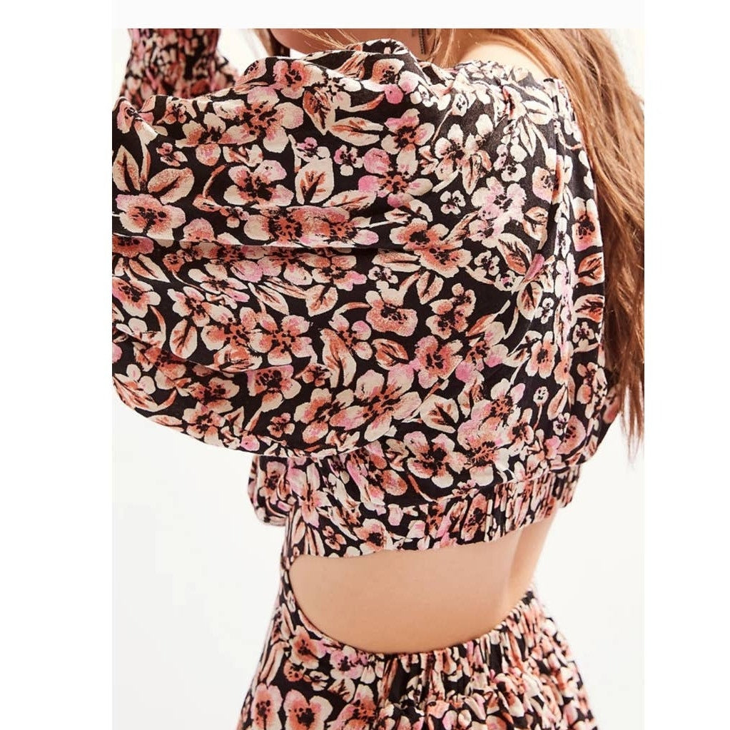 New Free People Jael  Boho Floral Printed Mini Dress $128 MEDIUM Black