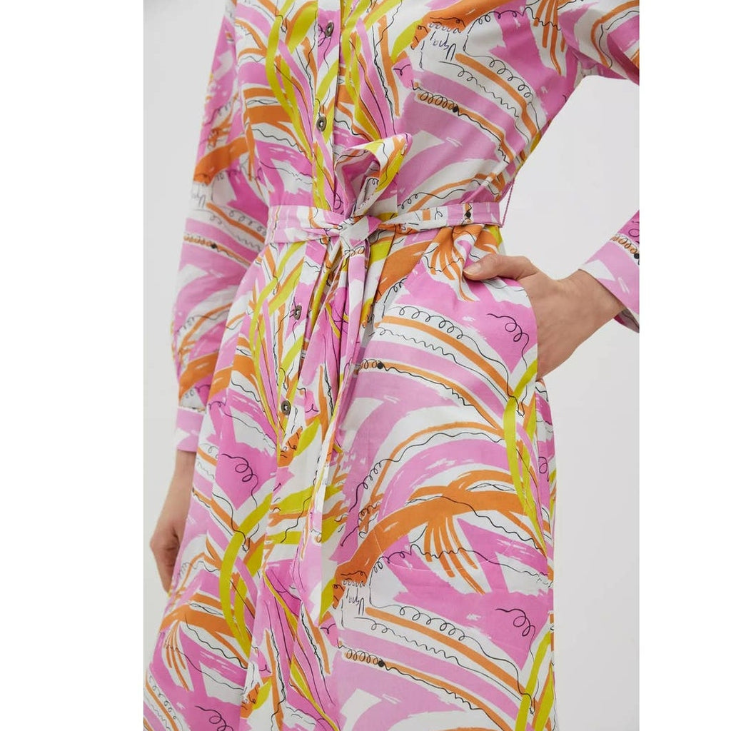 New Vera for Anthropologie Confetti Midi Dress $168 SMALL Pink Abstract Belted