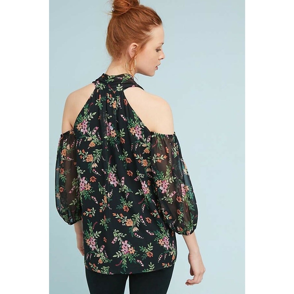 New Anthropologie Shoshanna Open-Shoulder Silk Floral Blouse $350 SMALL Black