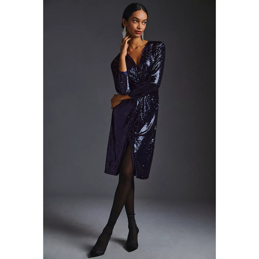 New By Anthropologie Twist-Front Sequin Dress $210 Navy Blue US Size 4