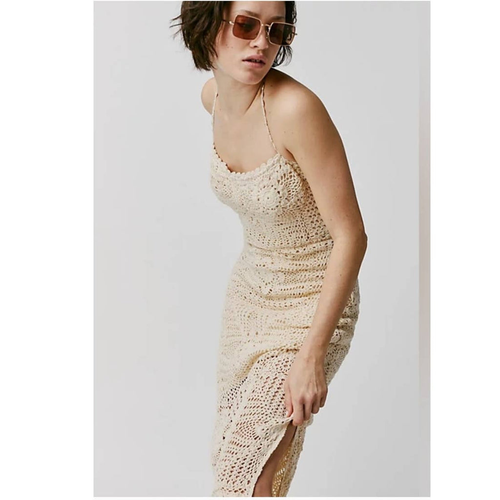 New Free People Dahlia Chrochet Bodycon Style Maxi Dress $168 MEDIUM Natural