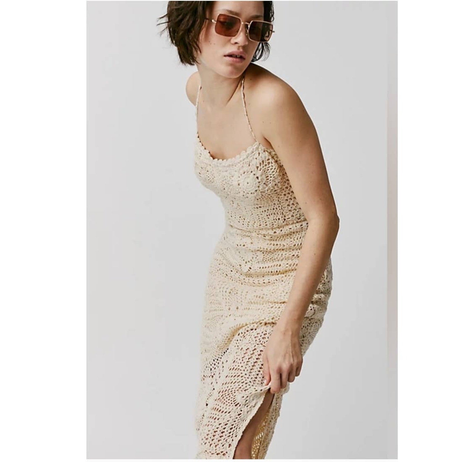 New Free People Dahlia Chrochet Bodycon Style Maxi Dress $168 MEDIUM Natural