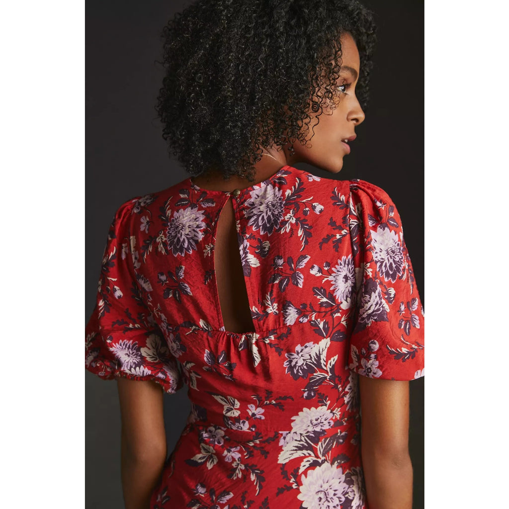 New Anthropologie Maeve Puff-Sleeve Floral Midi Dress $160 SIZE 6 Red