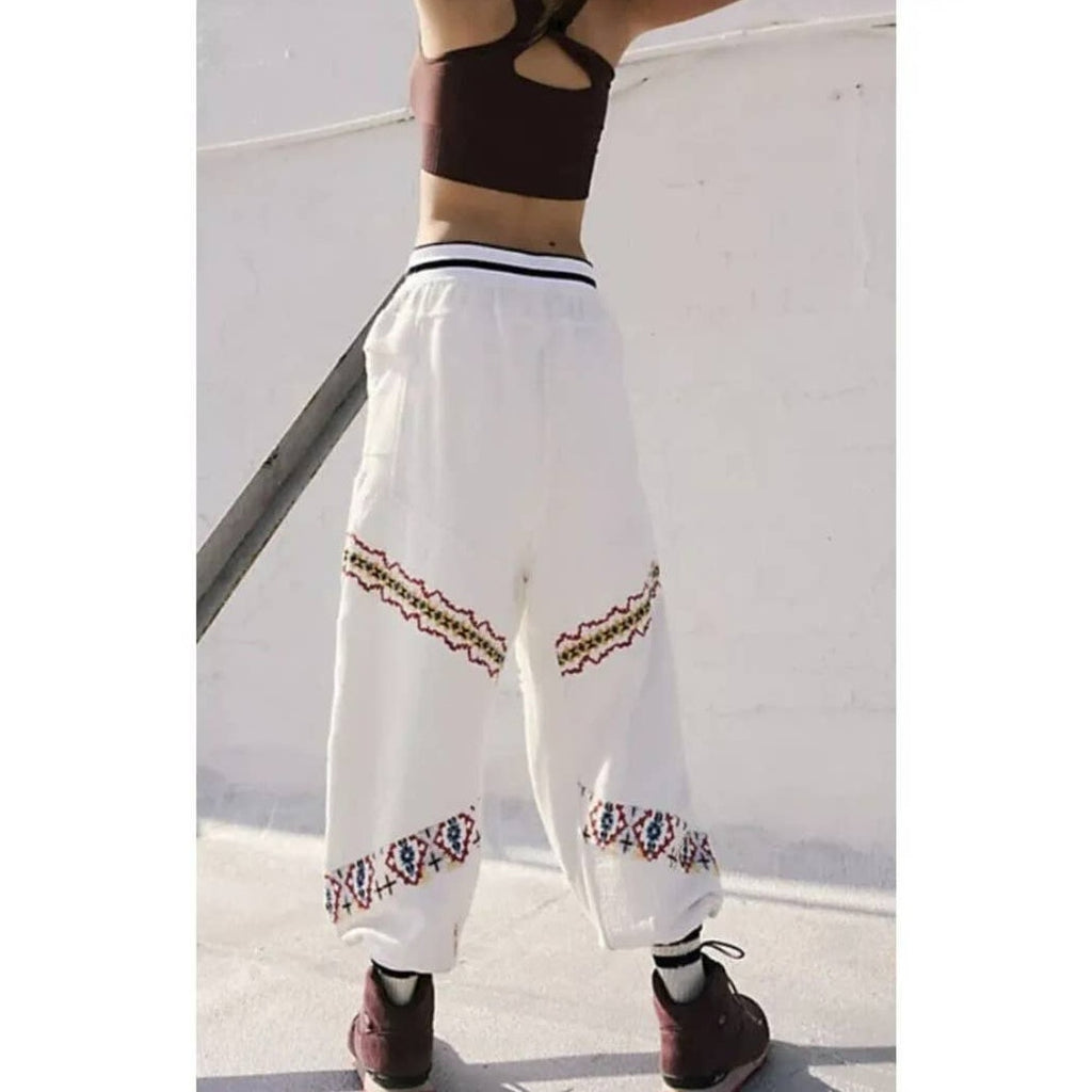New Free People Crystal Sports Embroidered Harem Jogger Pants $198 LARGE White