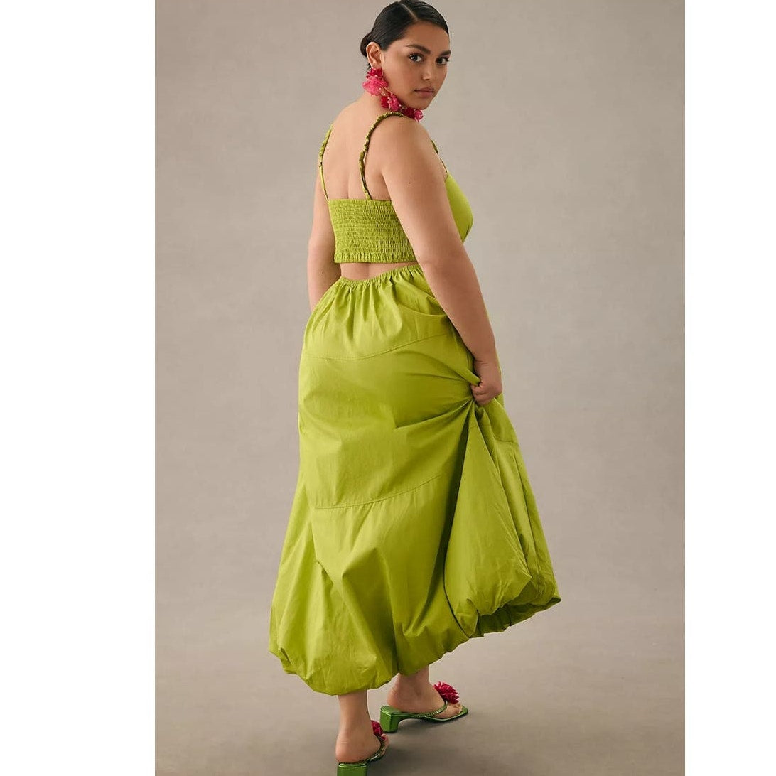 New By Anthropologie V-Neck Tiered Bubble-Hem Midi Dress $170 LARGE Green