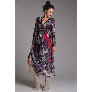 New Anthropologie Let Me Be Floral Midi Dress $198 SMALL Black Motif
