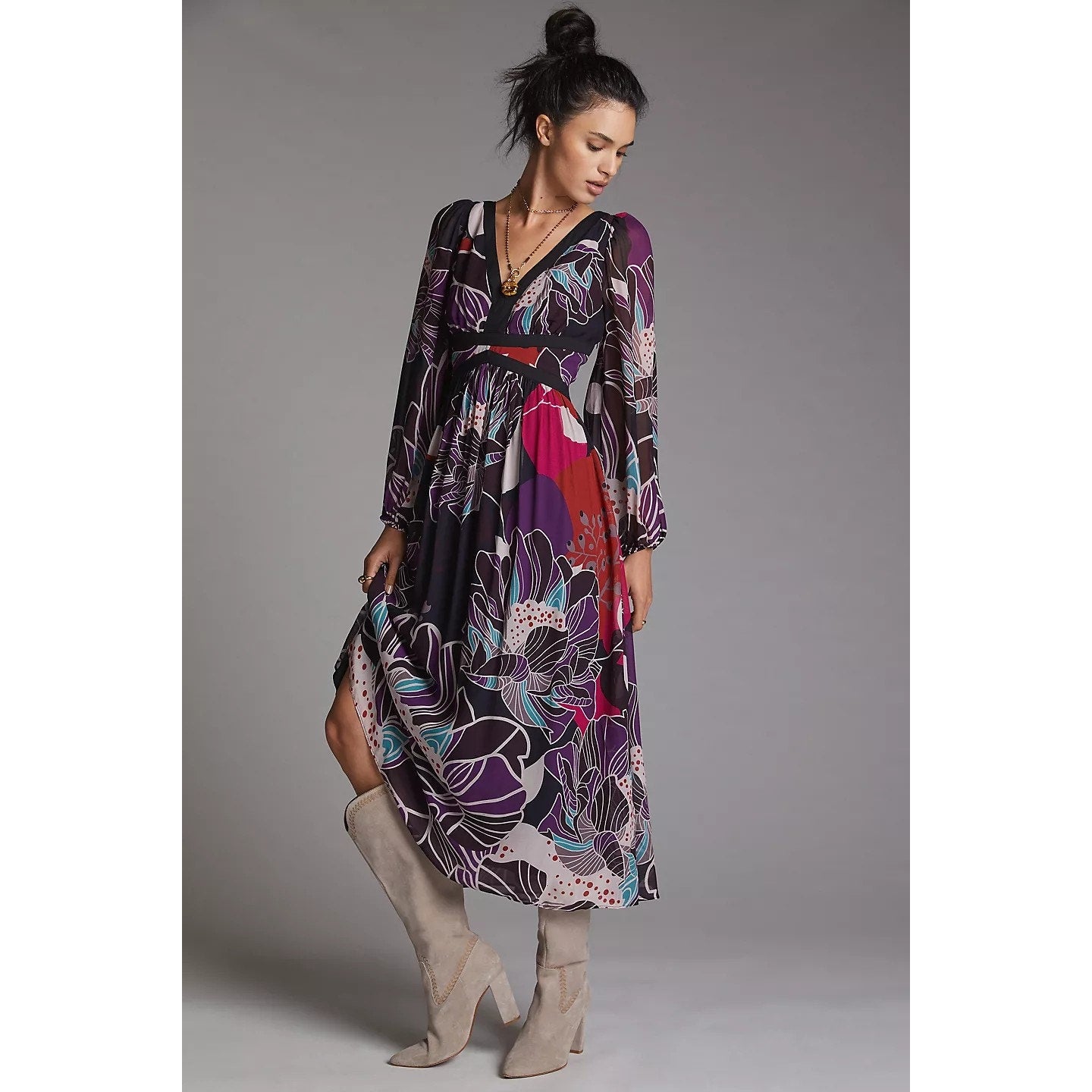 New Anthropologie Let Me Be Floral Midi Dress $198 SMALL Black Motif