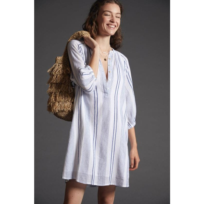 New Anthropologie Sundry Striped Henley Mini Dress $188 SMALL (1) White/Blue