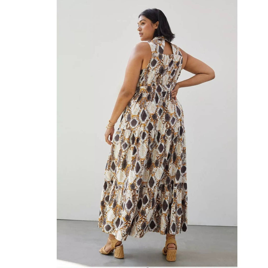 New Anthropologie Maeve Snake Print Maxi Dress $170 SIZE 0 Button Front Cotton